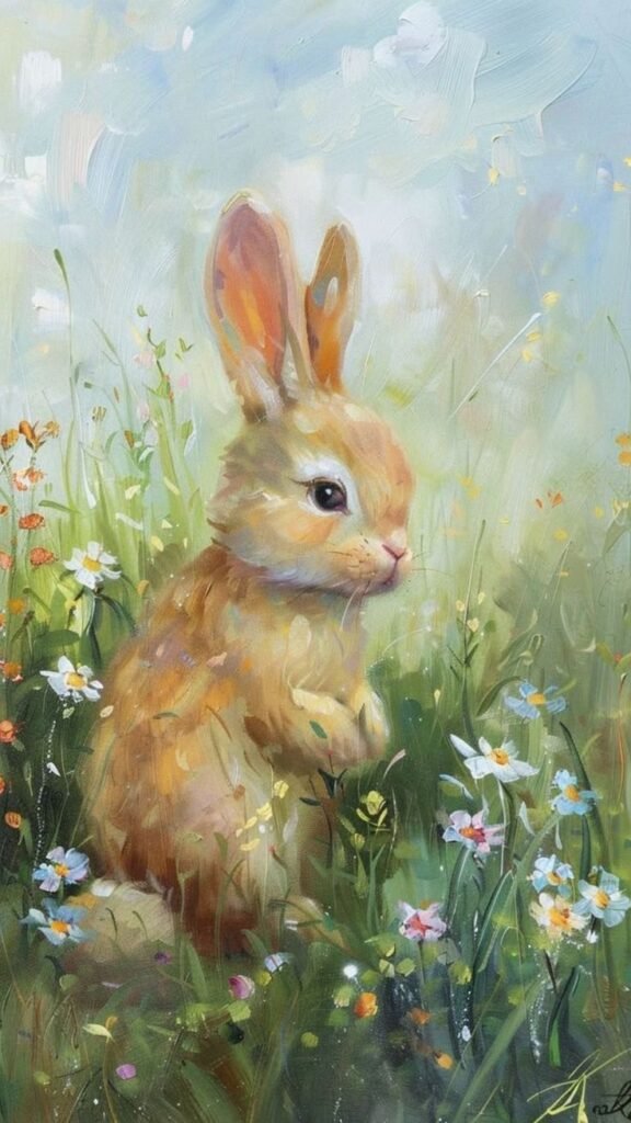 Painting of a cute rabbit sitting among colorful wildflowers in a vibrant meadow.