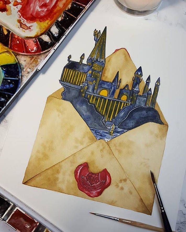 a298b5ea-2c71-41e4-bb30-57e0b712391c Illustration of Hogwarts castle emerging from a parchment envelope with a wax seal, surrounded by watercolor paints. | Sky Rye Design Illustration of Hogwarts castle emerging from a parchment envelope with a wax seal, surrounded by watercolor paints.