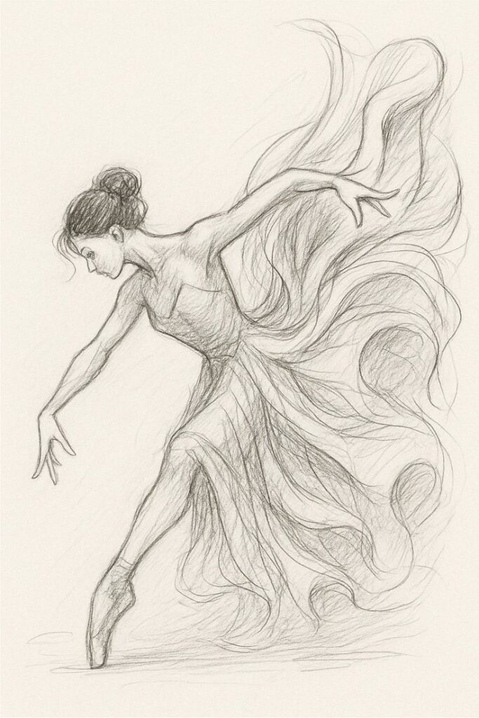 Sketch of an elegant ballet dancer in a flowing dress, poised on pointe, capturing grace and motion.