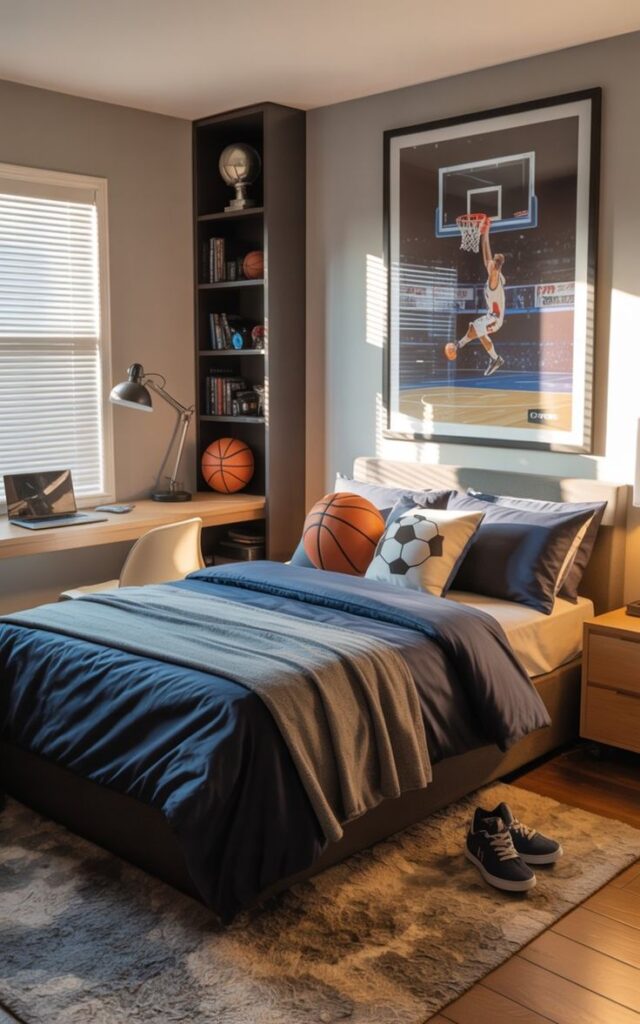 a3fd8941b5dc5ab11b6e90be12ceede8 Modern bedroom with sports decor, basketball-themed pillows and poster above bed, desk and laptop by window. | Sky Rye Design Modern bedroom with sports decor, basketball-themed pillows and poster above bed, desk and laptop by window.