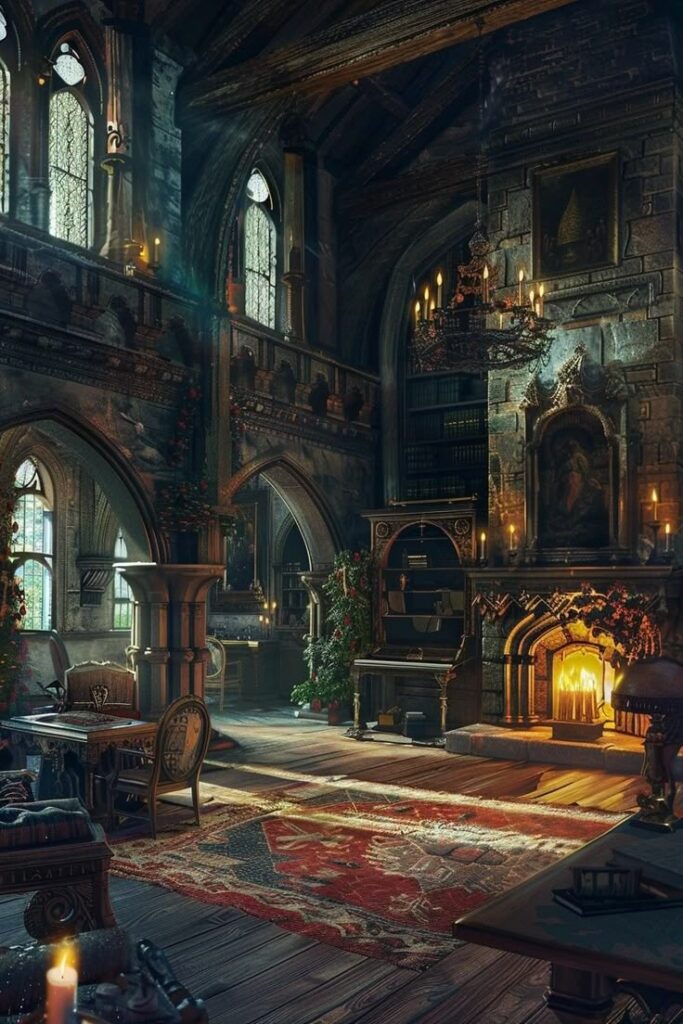 Cozy medieval study room with a roaring fireplace, rich rugs, and high arched windows casting sunlight beams.
