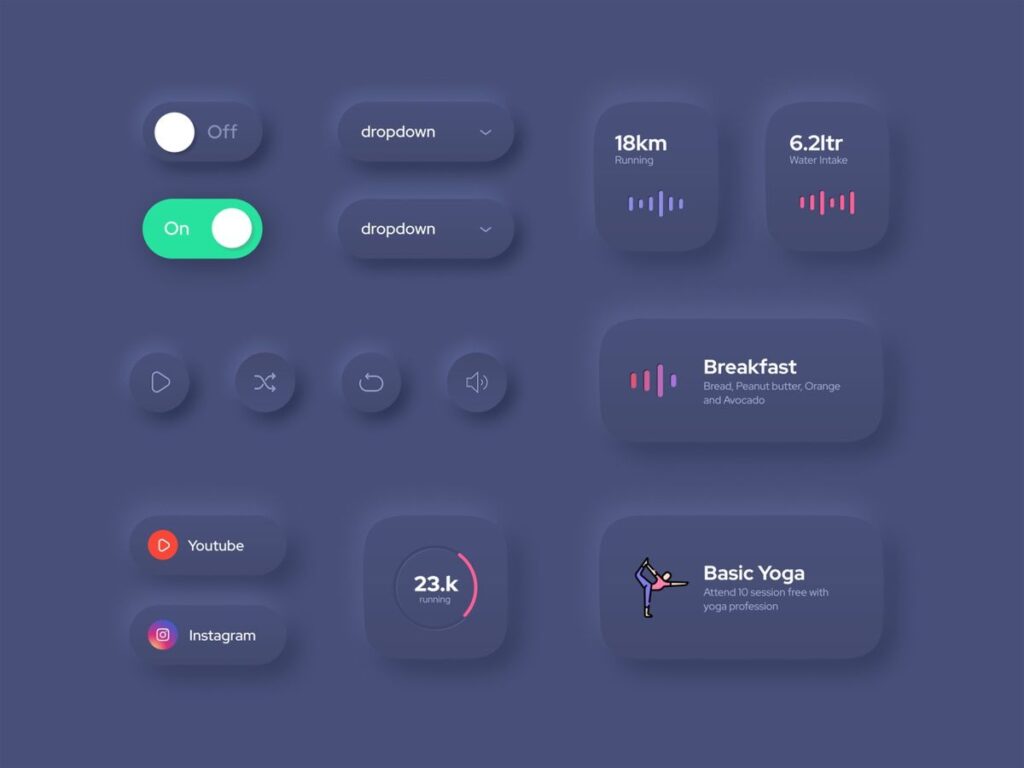 Dark-themed UI elements featuring toggles, dropdowns, fitness stats, and social media icons for a sleek dashboard design.
