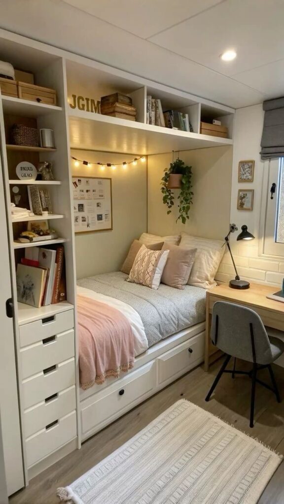 a5eebd240ef34d0c2bcfe2c0e7c7a2e1 Cozy bedroom with a built-in bed, shelf storage, hanging plants, and a desk underneath soft ambient lighting. | Sky Rye Design Cozy bedroom with a built-in bed, shelf storage, hanging plants, and a desk underneath soft ambient lighting.