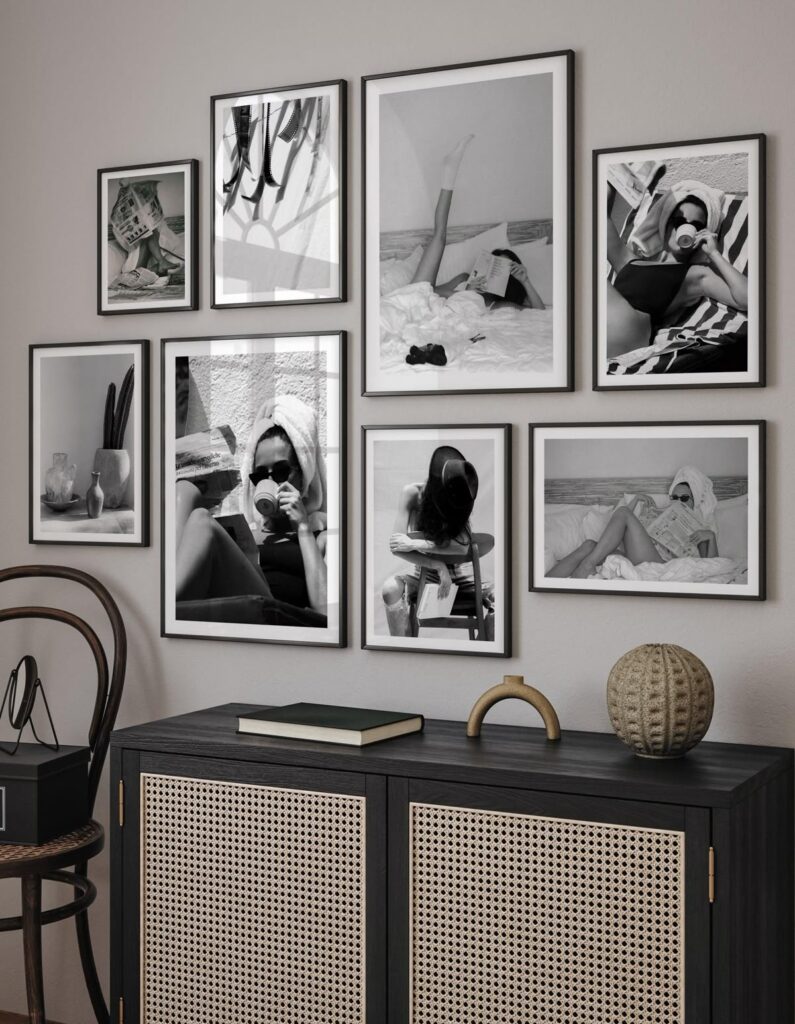 a6af38b1cae918aa2a953ac8b20901df Gallery wall with black-and-white photos above a modern cabinet, minimalistic decor, and stylish arrangement. | Sky Rye Design Gallery wall with black-and-white photos above a modern cabinet, minimalistic decor, and stylish arrangement.
