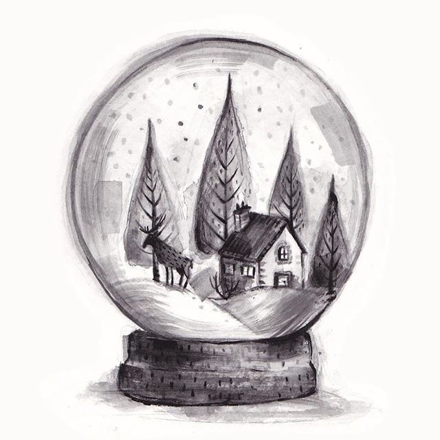 Black and white snow globe with cabin, trees, and reindeer inside, showcasing a serene winter scene.