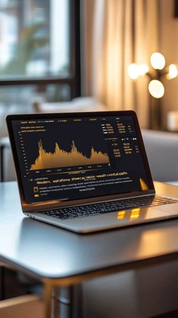 Laptop displaying data analytics graph on a table near a window in a cozy room.