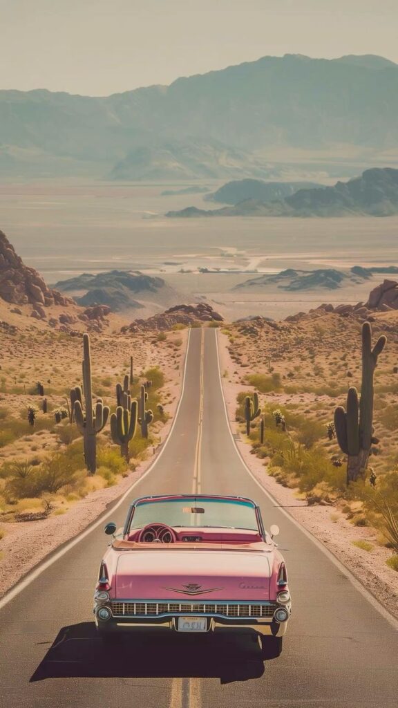 a823fb16-3e7e-4d2f-8dcf-baa6820a0e3f Pink vintage convertible driving along desert road with cacti and mountains under a clear blue sky. | Sky Rye Design Pink vintage convertible driving along desert road with cacti and mountains under a clear blue sky.