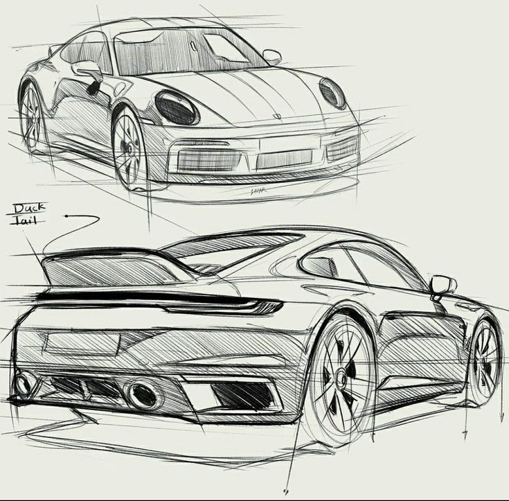 a8d956cdb7caba4739437ee5246154ea Pencil sketch of a sports car design, showcasing front and rear views with detailed features and a ducktail spoiler. | Sky Rye Design Pencil sketch of a sports car design, showcasing front and rear views with detailed features and a ducktail spoiler.