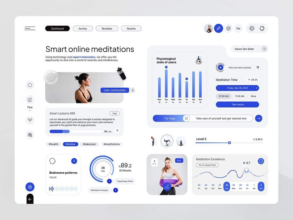 Dashboard interface for smart online meditation platform with user stats, meditation time, and lessons overview.