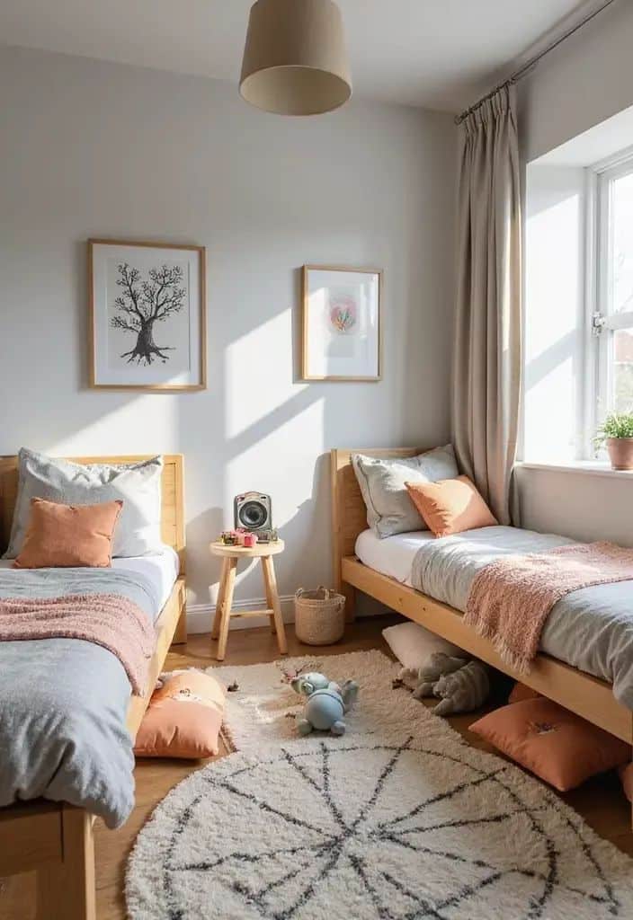 aad45ef1761c897f641daacb9f28562f Bright cozy children's room with twin beds, soft decor, framed art, and a round rug in sunlight. | Sky Rye Design Bright cozy children's room with twin beds, soft decor, framed art, and a round rug in sunlight.