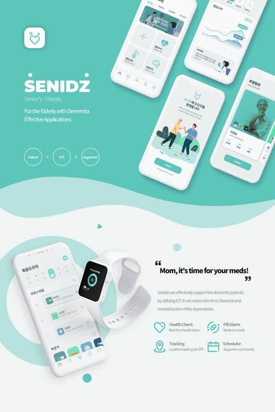 Senidz app for dementia care with health tracking, pill alarms, and IoT features for elderly support on mobile devices.