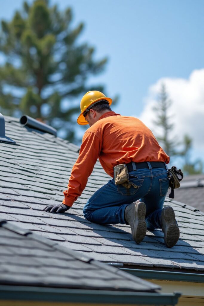 Worker in safety gear inspecting a rooftop on a sunny day, emphasizing construction and maintenance tasks.