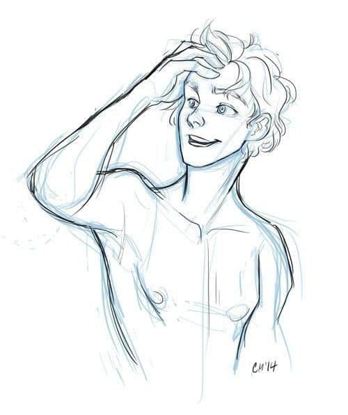 Sketch of a smiling person with curly hair, looking upwards and touching head. Illustration by CM '14.