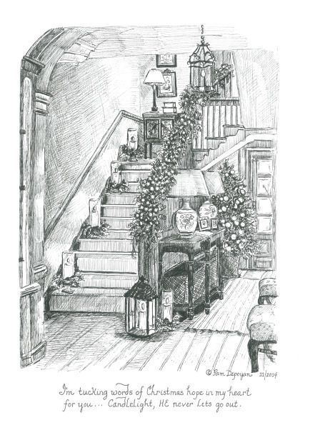Black and white drawing of a staircase decorated with Christmas garlands, lanterns, and festive ornaments.
