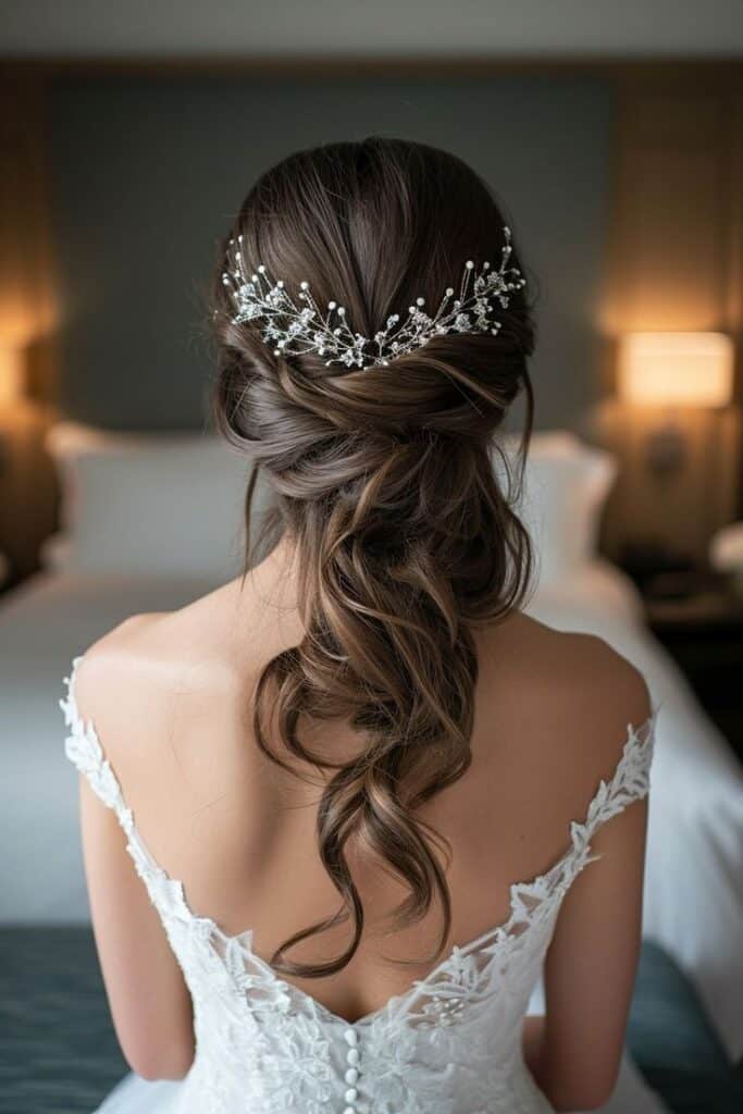 Bride with elegant hairstyle, adorned with floral headpiece, wearing lace wedding dress.