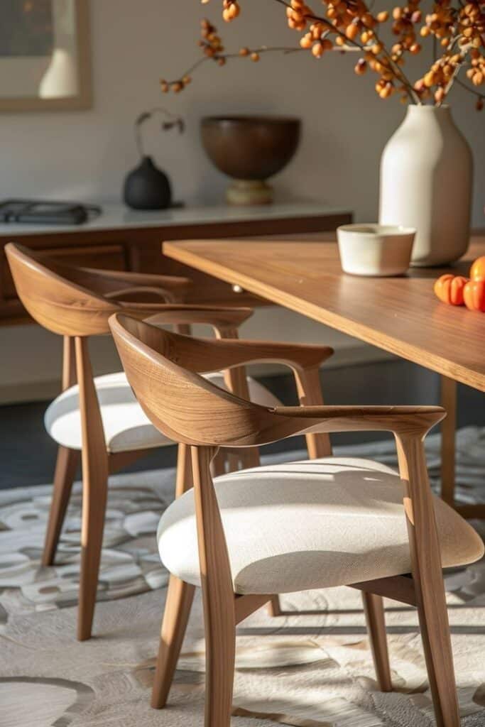ae110215515cfc445ded31a47518a8c2 Modern wooden dining chairs in a sunlit room, featuring a stylish table and autumn-themed decor. | Sky Rye Design Modern wooden dining chairs in a sunlit room, featuring a stylish table and autumn-themed decor.