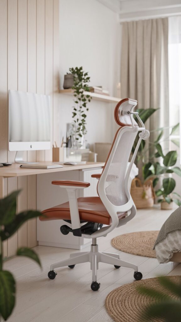 Ergonomic office chair in a modern home workspace with desk, computer, and plants for a stylish work-from-home setup.