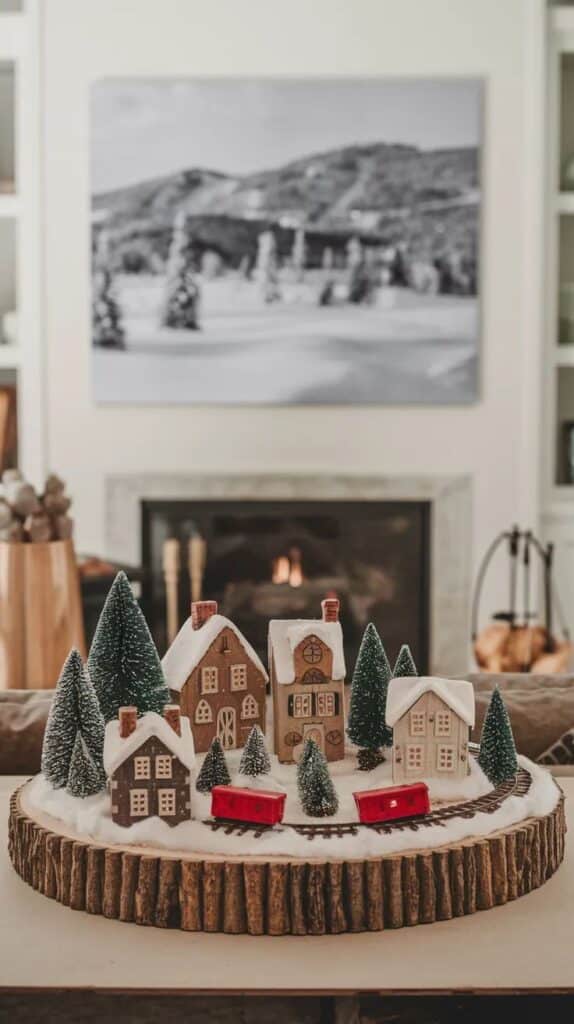 afd2adbd504604626f10758ea42b573c 1 Miniature winter village scene with snow-topped houses, trees, and a red train on a wooden display in a cozy room. | Sky Rye Design Miniature winter village scene with snow-topped houses, trees, and a red train on a wooden display in a cozy room.