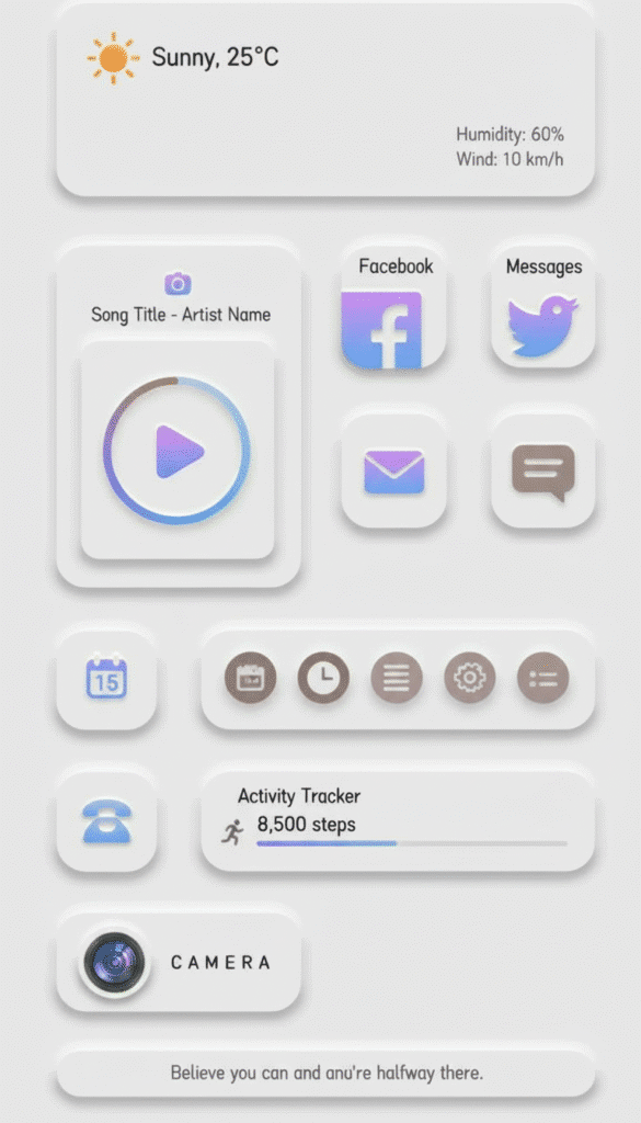 Smartphone interface mockup showing weather, apps, music player, and activity tracker with steps count.