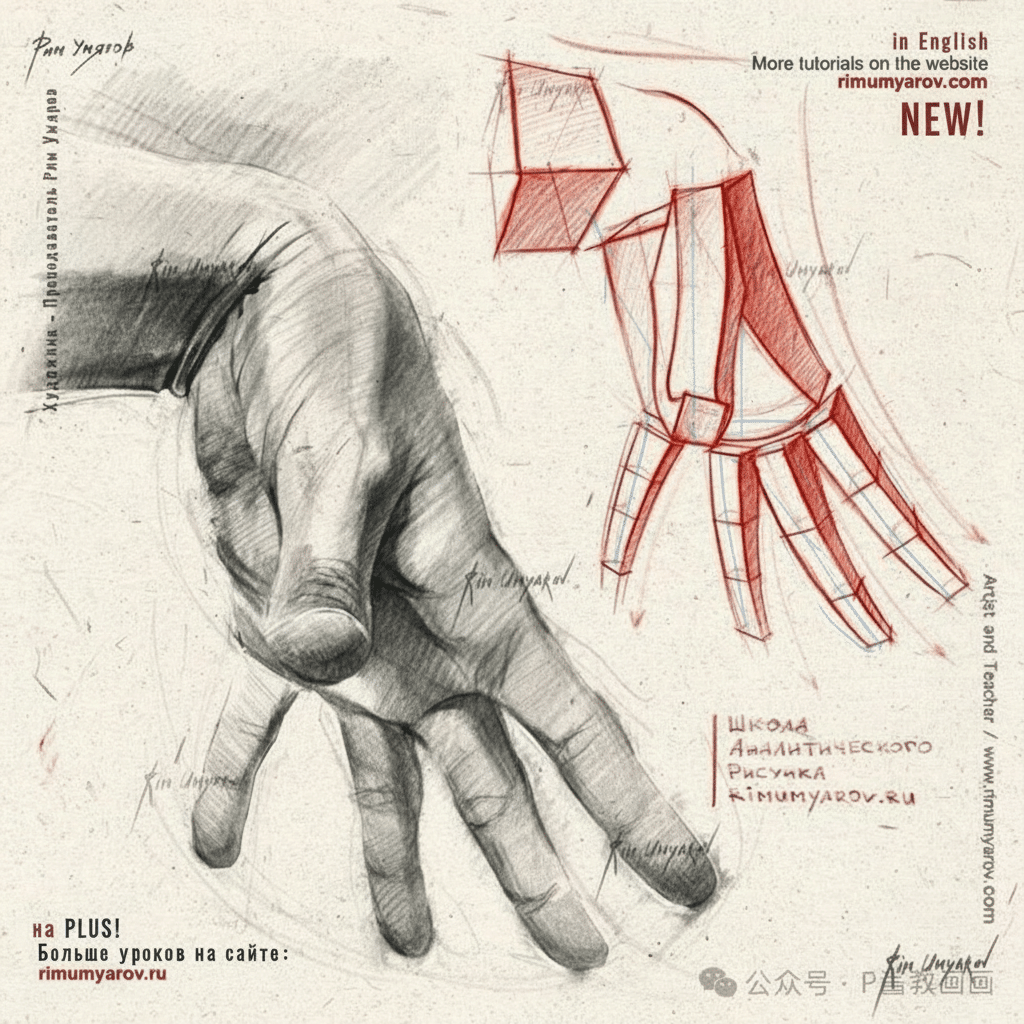 Hand drawing sketch with red geometric guide lines showcasing anatomy and structure.