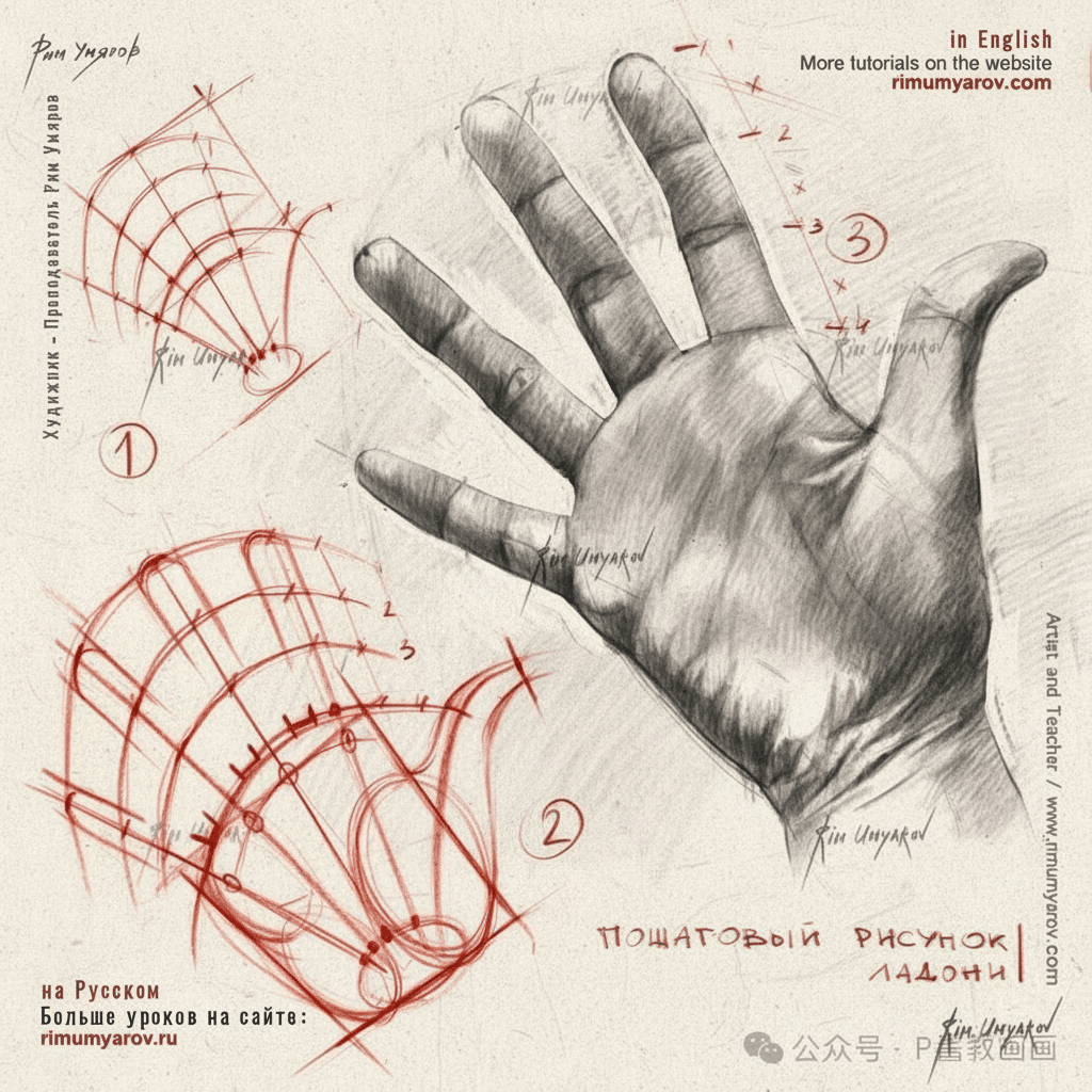 Step-by-step hand drawing tutorial with sketches and annotations, featuring grid lines for reference.