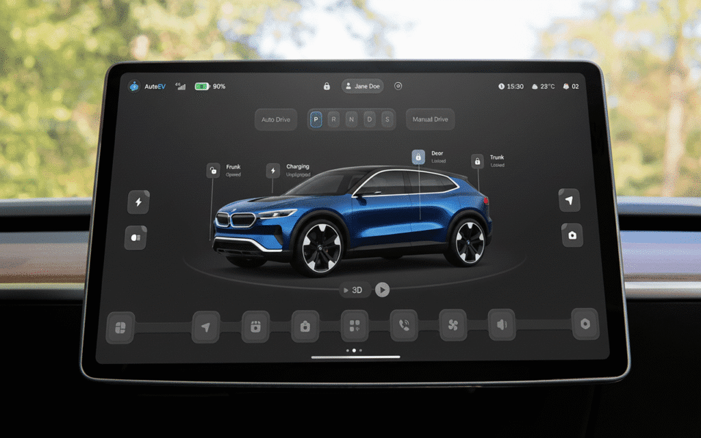 ai-edited-image-1761068540887 Touchscreen display showing electric car interface with settings and control options inside a vehicle. | Sky Rye Design Touchscreen display showing electric car interface with settings and control options inside a vehicle.