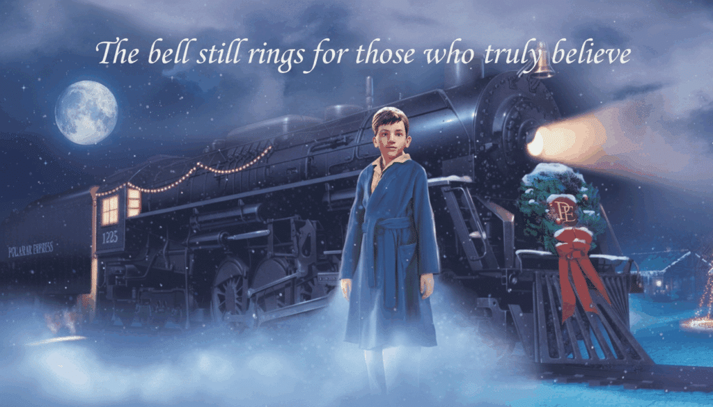 Boy in a blue robe stands by the Polar Express train on a snowy night, text reads The bell still rings for believers.