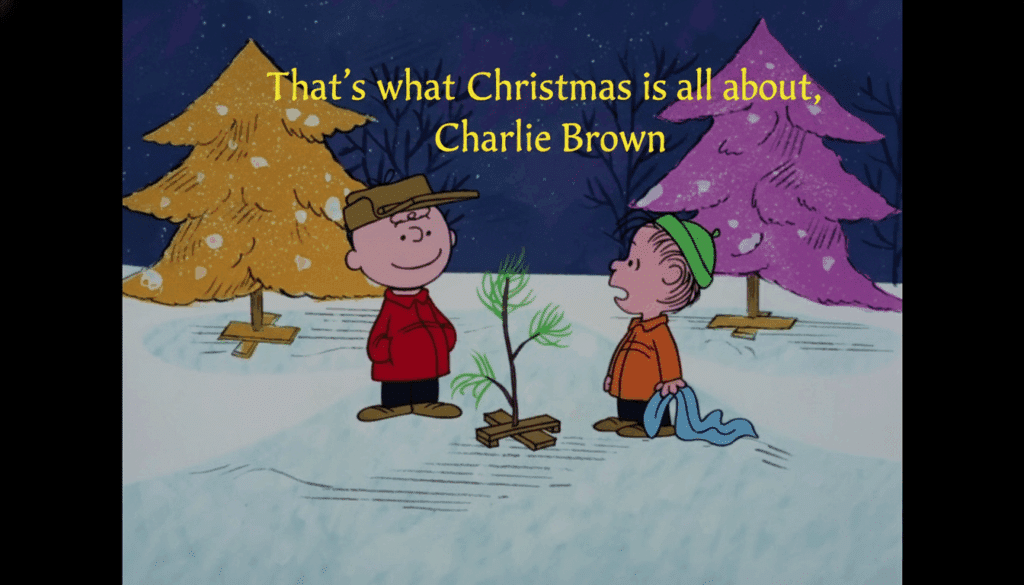 Cartoon characters discussing Christmas near small tree in snowy scene with colorful trees in the background.
