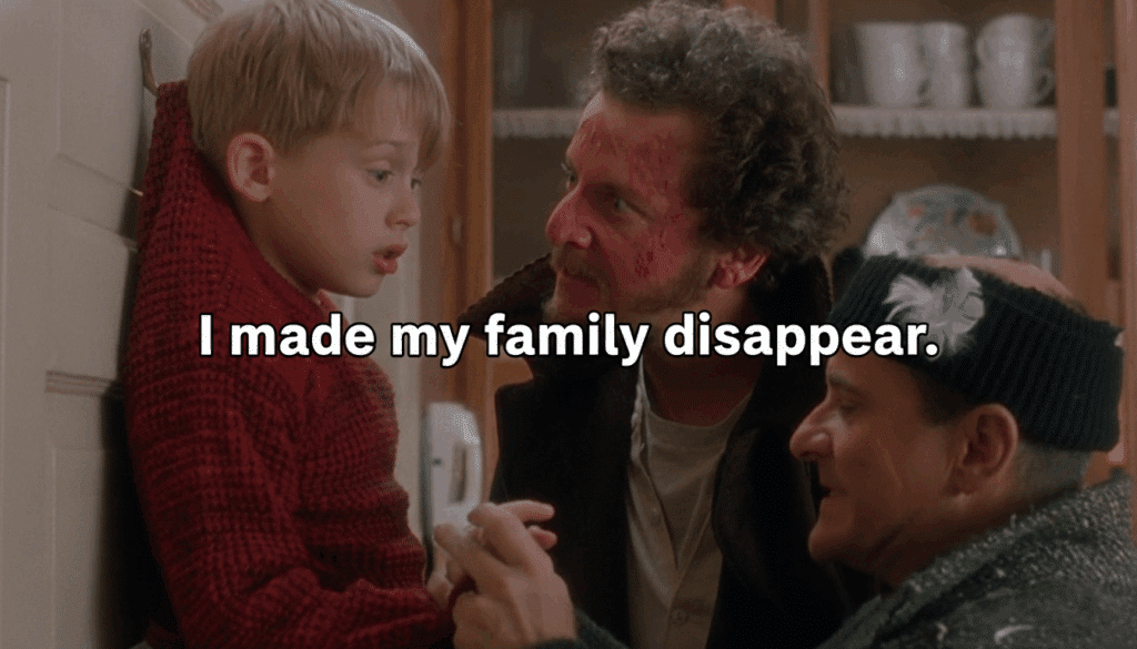 Boy in red sweater held by two men, with the caption I made my family disappear.