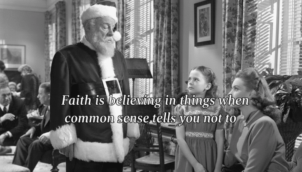 Black-and-white photo of Santa talking to a woman and girl, with the text Faith is believing in things... overlayed.