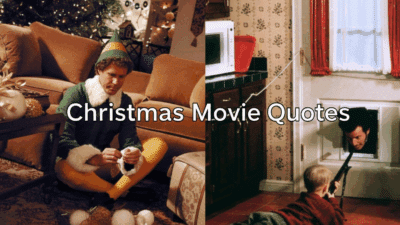 Elf and Home Alone scenes with text 'Christmas Movie Quotes' overlayed, festive ambiance with Christmas decor.