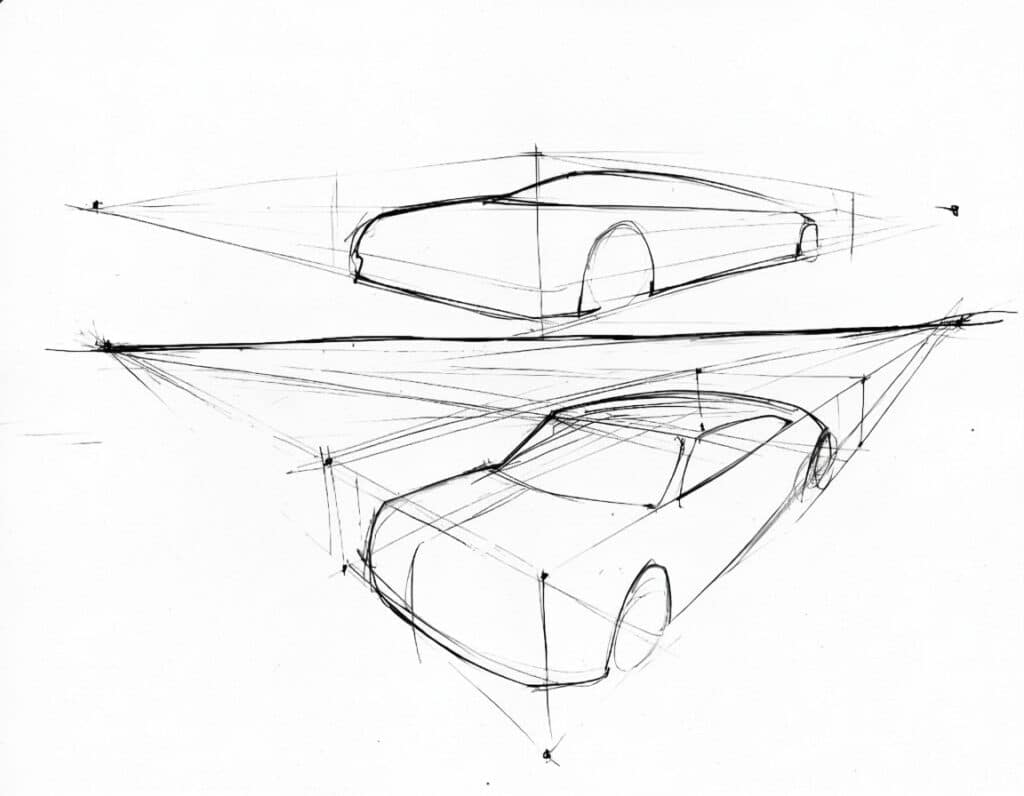 ai-edited-image-1761663552524 Concept car sketch with perspective lines, showcasing sleek design and aerodynamic body, viewed from multiple angles. | Sky Rye Design Concept car sketch with perspective lines, showcasing sleek design and aerodynamic body, viewed from multiple angles.