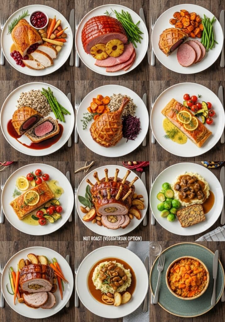 Holiday dinner plates with turkey, ham, beef wellington, salmon, pork roast, nut roast, and assorted veggies.