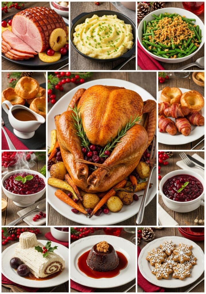 Festive holiday feast with turkey, mashed potatoes, green beans, ham, cranberry sauce, Yorkshire pudding, and desserts.