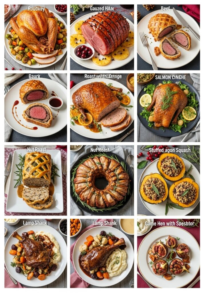 Assorted holiday dishes including turkey, ham, roast beef, nut roasts, stuffed squash, lamb shank, and game hen.