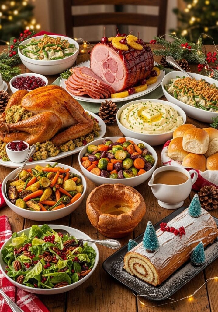 Festive holiday feast with roasted turkey, ham, mashed potatoes, vegetables, salad, rolls, and a decorative Yule log cake.