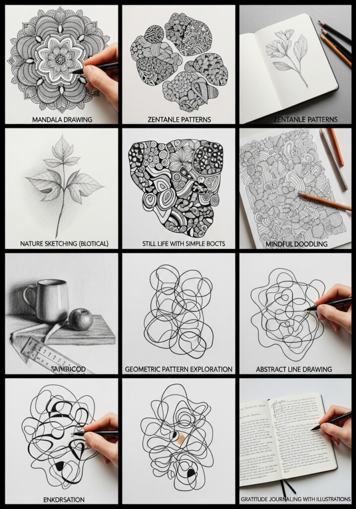 Collage of artistic drawings, including mandalas, zentangle patterns, nature sketches, and abstract doodling techniques. Drawing Ideas