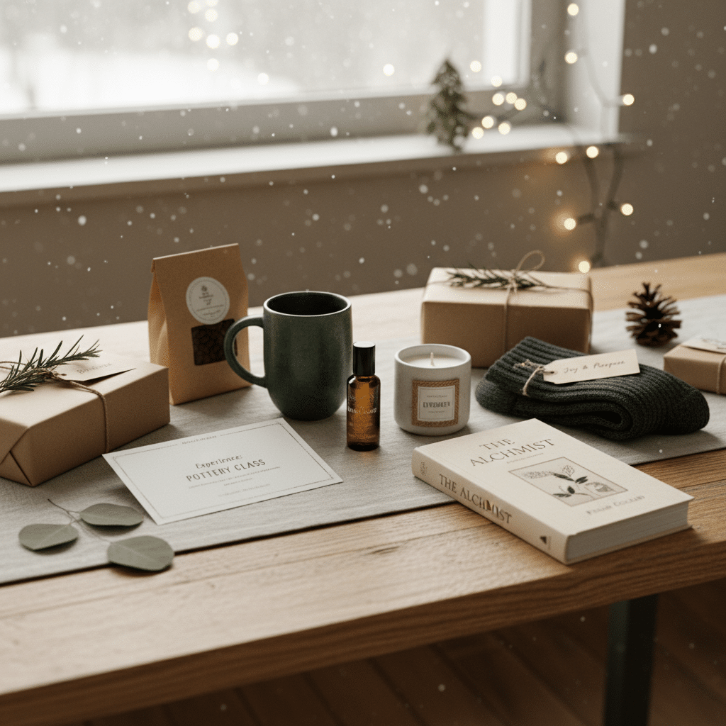 Cozy holiday gift set on wooden table with mug, book, candle, wrapped gifts, and winter decor by a window.