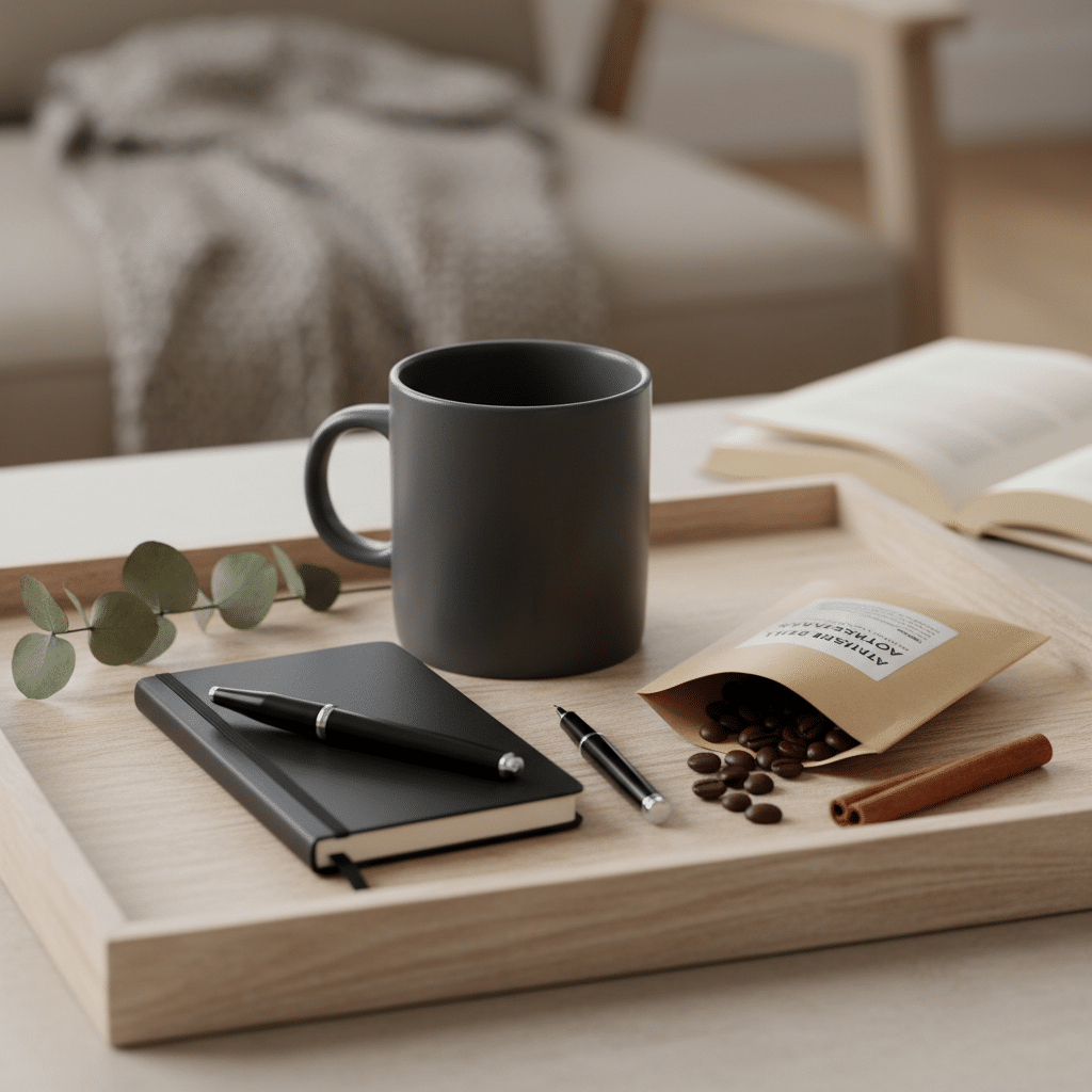 Cozy coffee setup on a wooden tray with a mug, notebook, pens, cinnamon stick, and coffee beans in a serene living room.