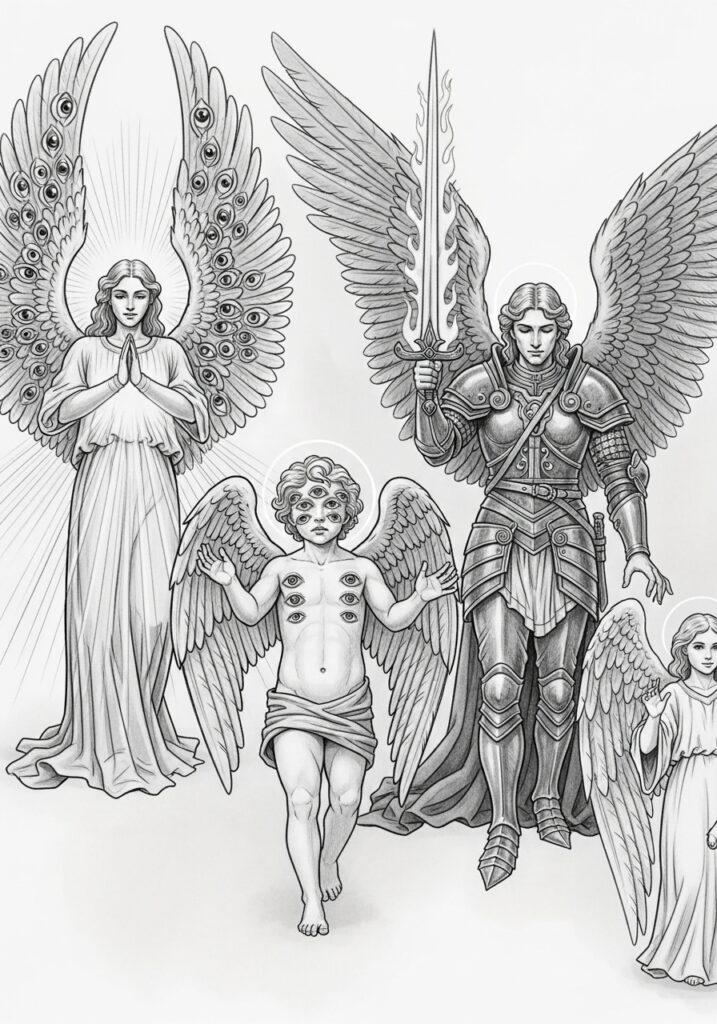 Illustration of majestic angels with detailed wings and halos, featuring a warrior with a sword, in a celestial scene.