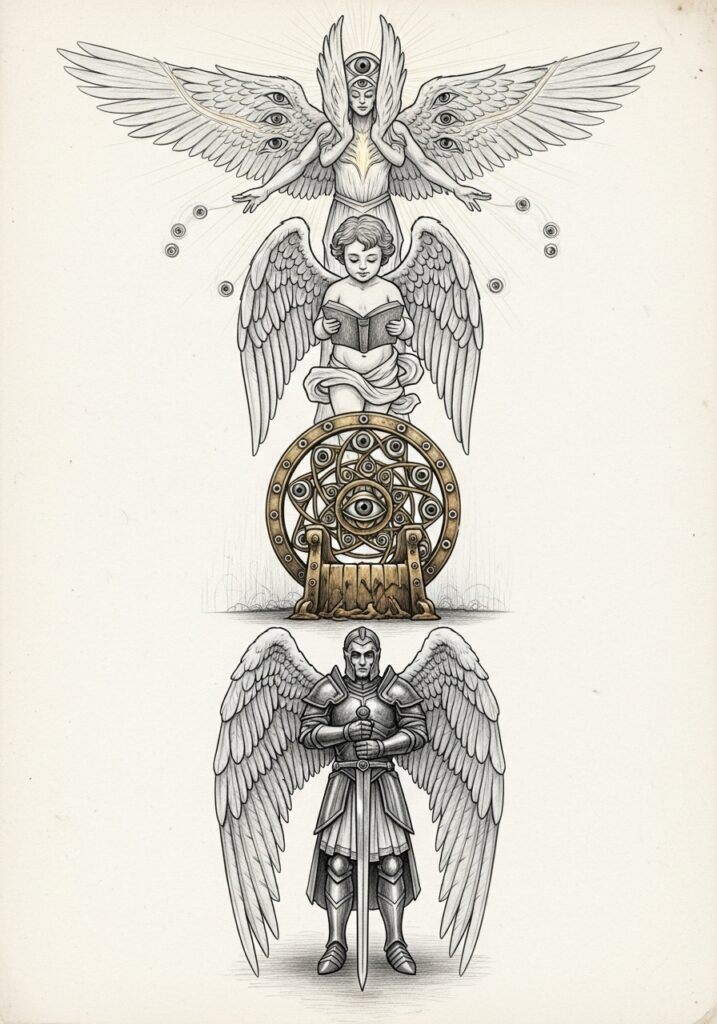 Illustration of three winged figures: a celestial entity, a reading angel, and a warrior with a sword.