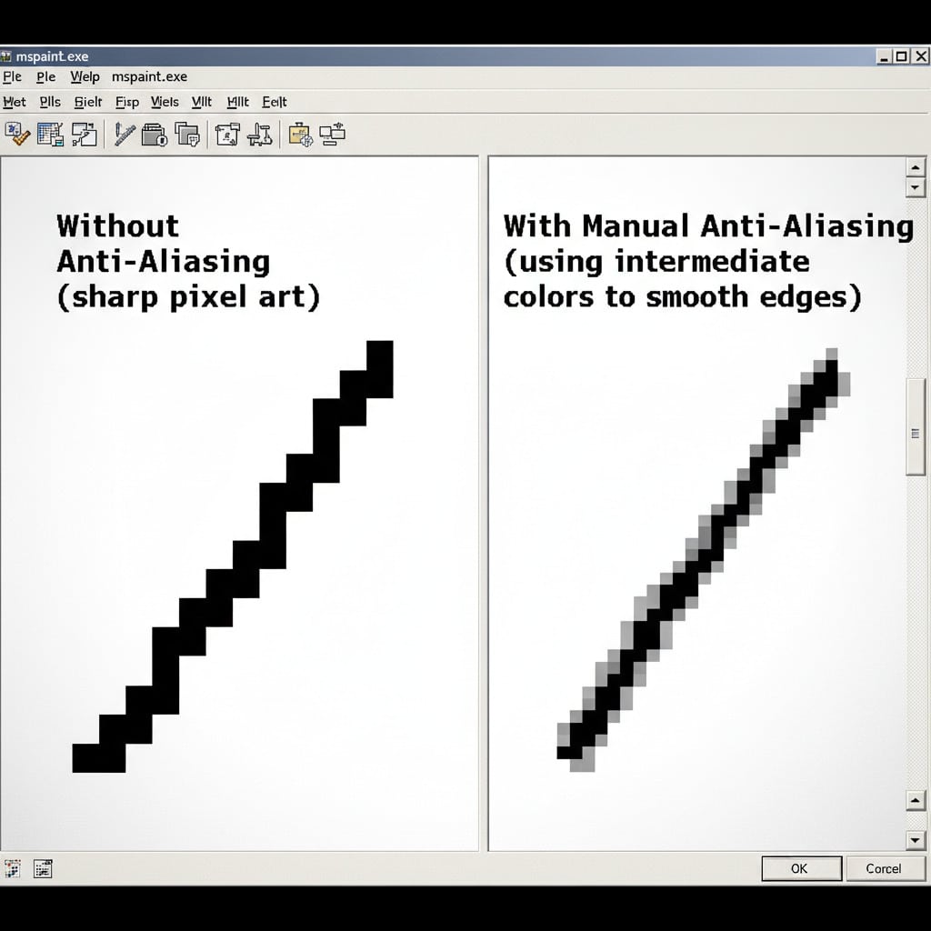 Comparison of pixel art with and without anti-aliasing, showing difference in edge smoothness in MS Paint interface.