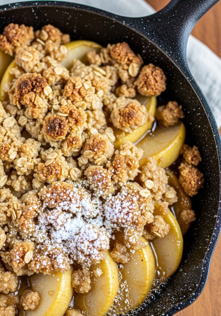 ai-generated-apple_slices_with_crumble_topp-3 Homemade apple crumble in a black skillet, topped with golden brown oat streusel and powdered sugar. | Sky Rye Design Homemade apple crumble in a black skillet, topped with golden brown oat streusel and powdered sugar.