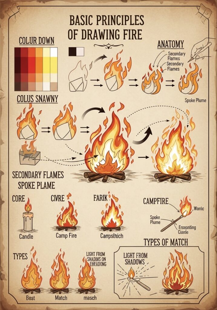 Guide on drawing fire: color palette, flame anatomy, and styles like candle and campfire illustrated step-by-step.