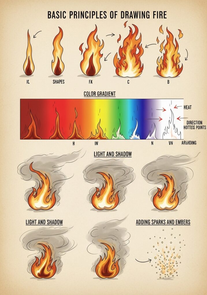 Illustration on the basic principles of drawing fire, showing shapes, colors, light, shadow, and adding sparks.