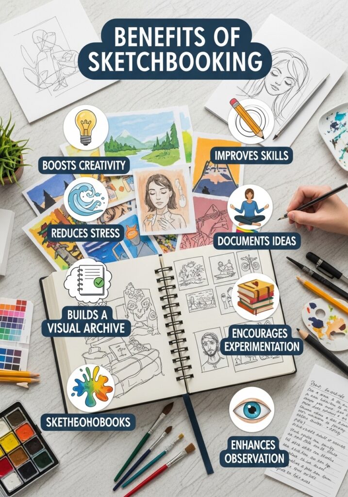 Benefits of sketchbooking: boosts creativity, reduces stress, improves skills, and documents ideas with art tools.