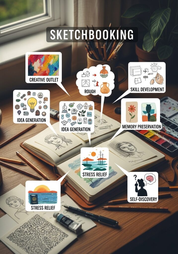 Sketchbooking benefits: creativity, stress relief, skill development, idea generation, memory preservation, self-discovery.
