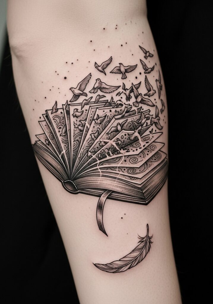 ai-generated-book_tattoo_ideas-1 Intricate tattoo of an open book with birds flying out, symbolizing freedom and imagination; feather below. | Sky Rye Design Intricate tattoo of an open book with birds flying out, symbolizing freedom and imagination; feather below.