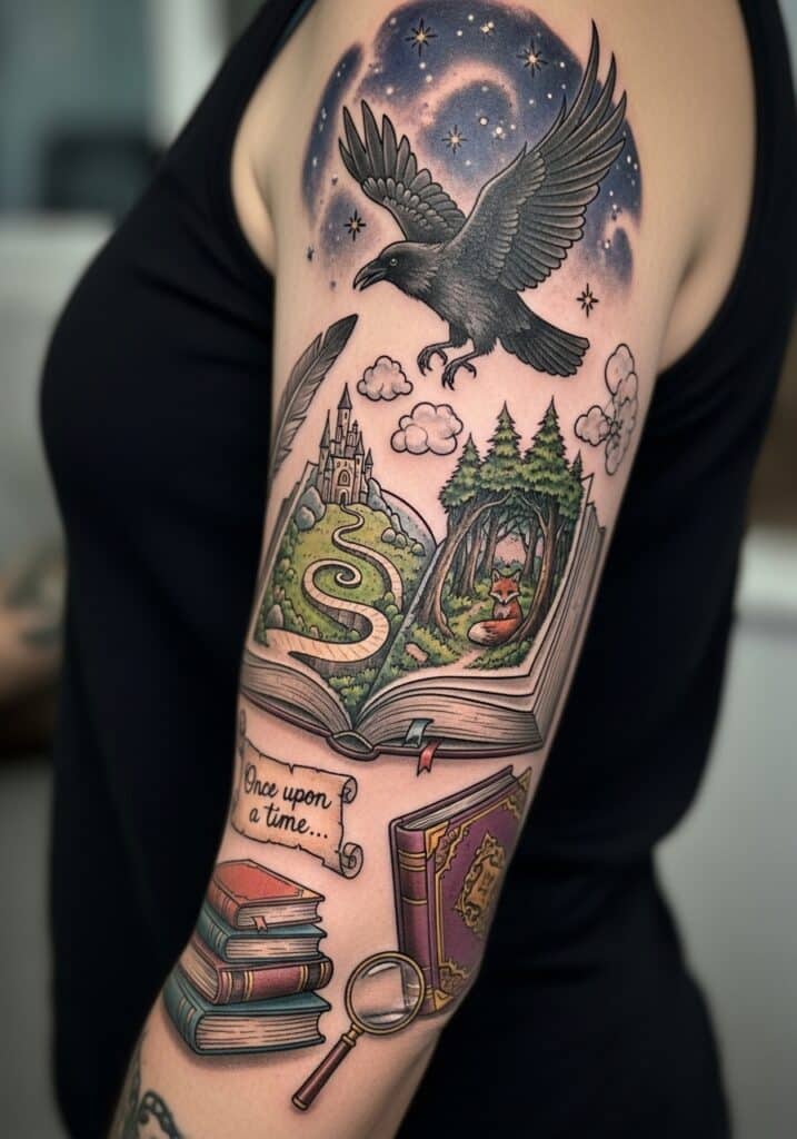 ai-generated-book_tattoo_ideas-2 Fantasy tattoo featuring an open book with a crow, castle, forest, and fox. Once upon a time... text included. | Sky Rye Design Fantasy tattoo featuring an open book with a crow, castle, forest, and fox. Once upon a time... text included.