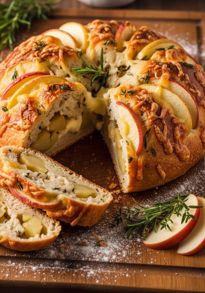 ai-generated-cheesy_herb_and_apple_bread-1 Rustic apple rosemary bread, topped with fresh herbs, sliced and served on a wooden board. | Sky Rye Design Rustic apple rosemary bread, topped with fresh herbs, sliced and served on a wooden board.